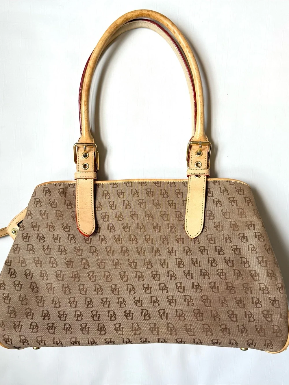 Vintage Dooney & Bourke Signature Logo Canvas Buckle Satchel Bag Tan Leather